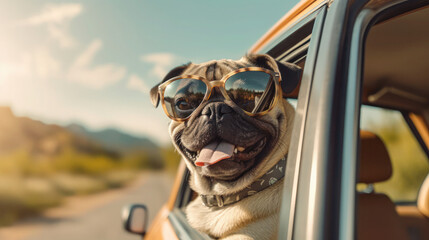 Adventure Awaits: Pug Dog with Shades and Leash on Fun-Filled Summer Road Trip - Generative AI