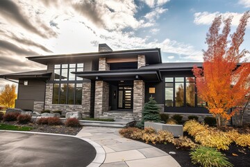 Contemporary Flair with Impressive Four-Car Garage and Natural Stone Features on Dark Gray Siding New Build House, generative AI
