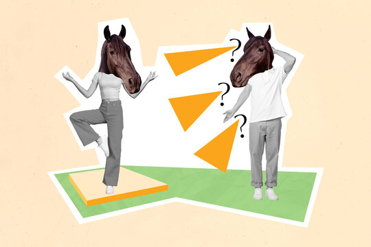 Creative collage of headless horse animals surrealism questioned boyfriend misunderstanding girl concentrated isolated on beige background