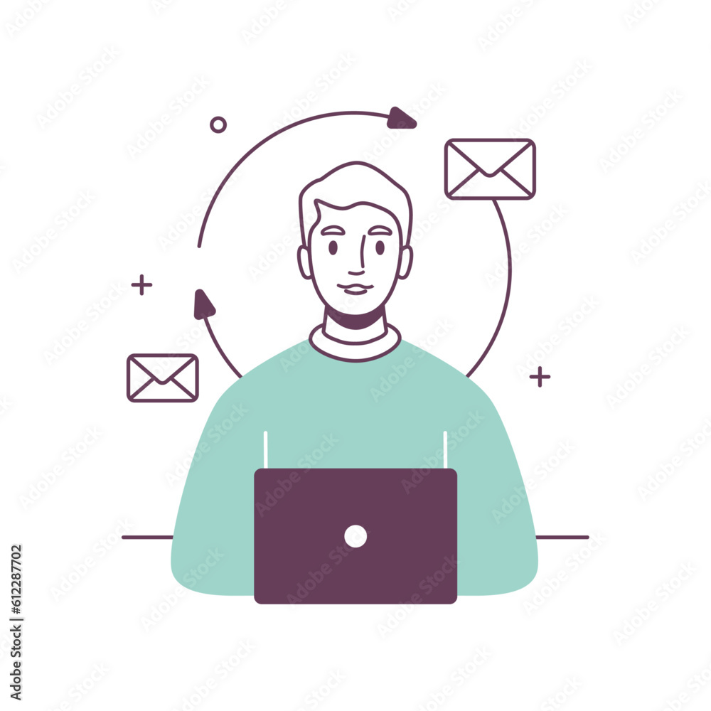 Poster Call center agent working on pc on helpline in shared office, exchanging email letters, mailing administrative. Operator consult clients on customer service call helpdesk, thin line