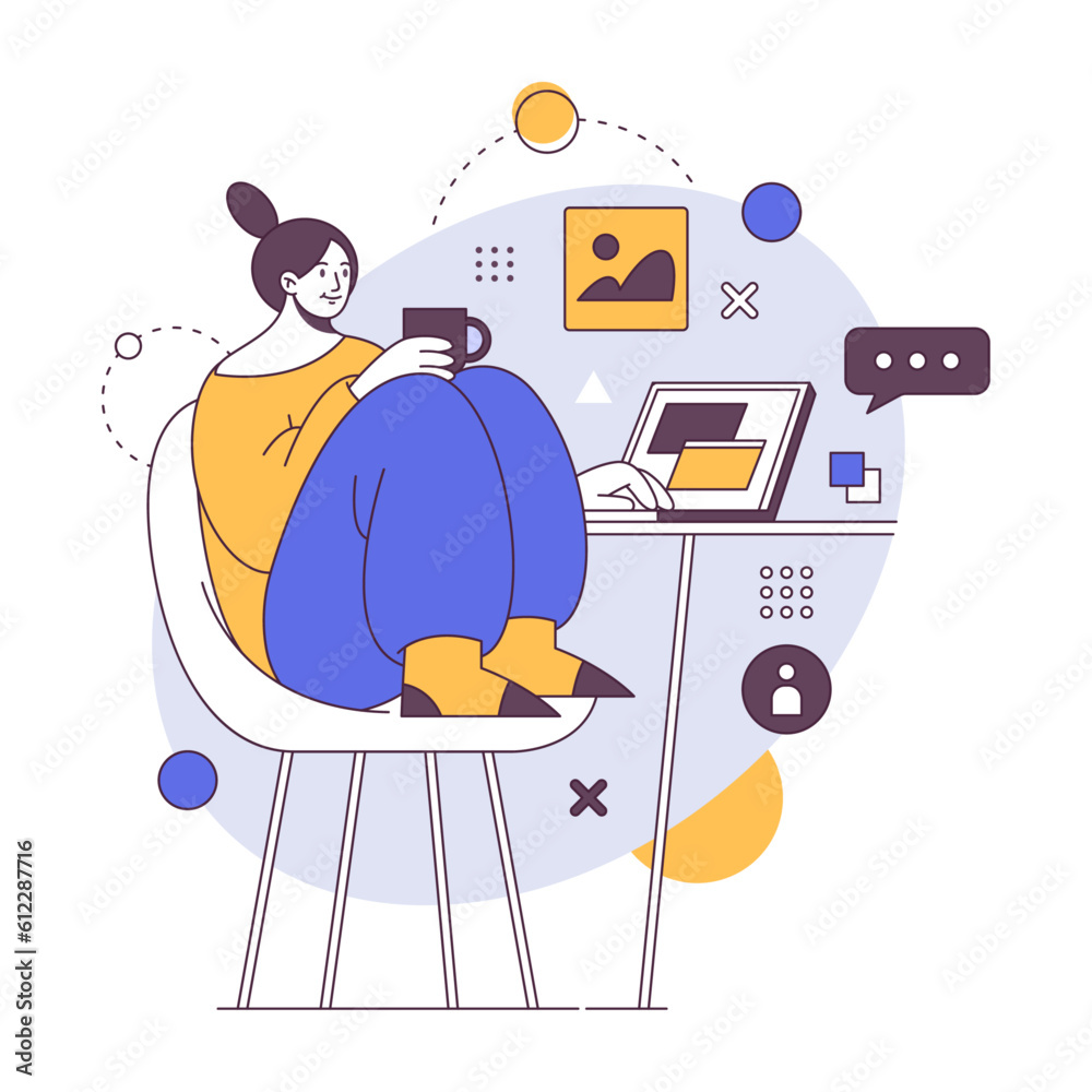Poster freelancer work on computer with cup of coffee. freelancer working on laptop, worker on quarantine, 