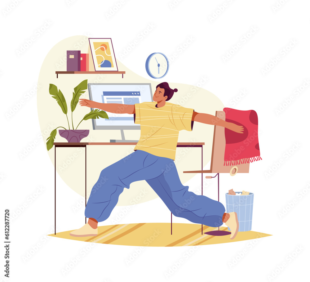 Poster Stretching at workplace at home, fitness activity. Employee working from office stretching at the room with table and computer. Cartoon character doing small exercises to get rest and remove tension