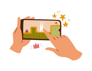 Person playing game on mobile phone holding smartphone in hands, application for play flat cartoon vector illustration. Smartphone screen with funny rabbit, © Sensvector