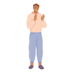 Man clapping hands, standing applauding person, gesture of happiness and joy. Happy guy greeting someone, appreciation and support. Vector illustration of cheerful applauding man