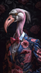 Flamingo dressed in an elegant pink suit with a nice tie. Fashion portrait of an anthropomorphic animal, bird, shooted in a charismatic human attitude - Generative AI