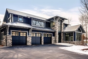 Contemporary Flair: Impressive New Build House with Four-Car Garage, Navy Blue Siding, and Natural Stone Features, generative AI