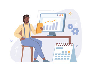 Woman account manager calculating tax forms on screen. Vector computer with statistical data, monthly payments calculator llustration, financial electronic investment