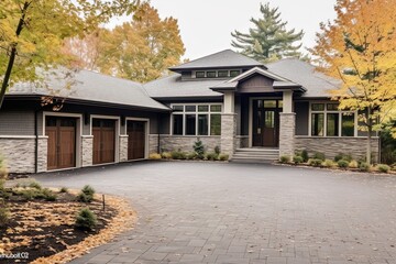 Contemporary Flair Shines in Impressive New Build: Four-Car Garage, Gray Siding, and Natural Stone Features, generative AI