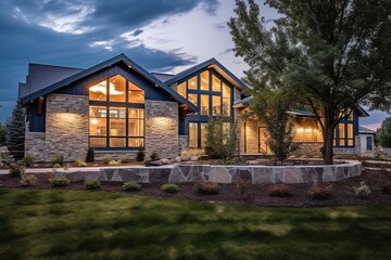 Contemporary Flair: Impressive New Build House with Four-Car Garage, Navy Blue Siding, and Striking Natural Stone Features, generative AI