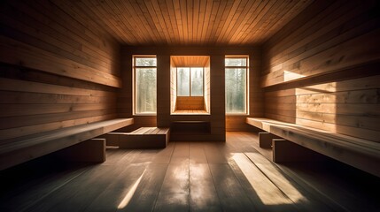 Interior of wooden sauna. AI generated.