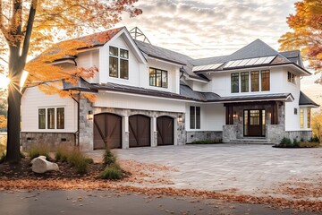 Contemporary Flair and Functionality Meet in Stunning Four-Car Garage New Build with Natural Stone Accents and White Siding, generative AI
