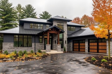 Contemporary Flair and Natural Stone Features Shine in Impressive Four-Car Garage House with Dark Blue Siding, generative AI