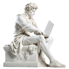 Classic gypsum statue using a laptop for IT isolated. Generative ai art - obrazy, fototapety, plakaty