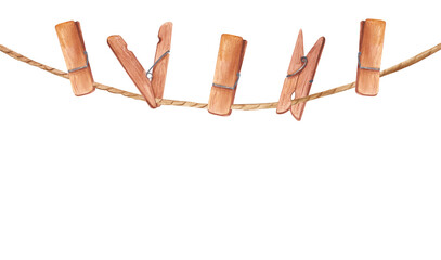 Watercolor wooden clothespins on a rope. Horizontal banner for design with free space for text