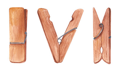 Set of wooden clothespins isolated on white background. Watercolor hand drawn illustration