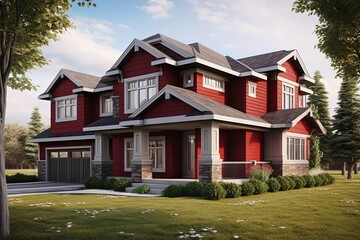Fototapeta na wymiar Innovative Layout and Natural Stone Details: A Regal Freshly Developed Home with a Red Siding and Two-Car Garage, generative AI