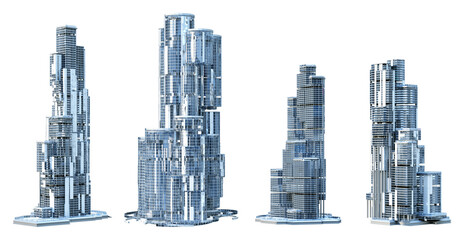 Skyscrapers, business towers, office, residential, commercial tall buildings set. Modern eco cityscape 3D render design element. Smart city megapolis town skyscraper icons isolated, transparent PNG	