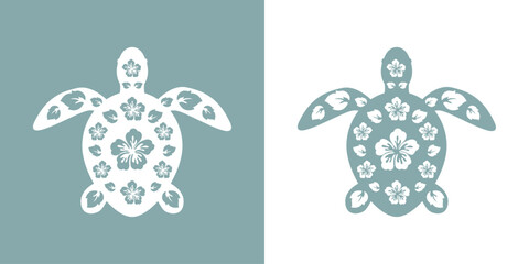 Logo vacaciones en Hawái. Silueta de flores de hibisco con hojas en tortuga marina © teracreonte