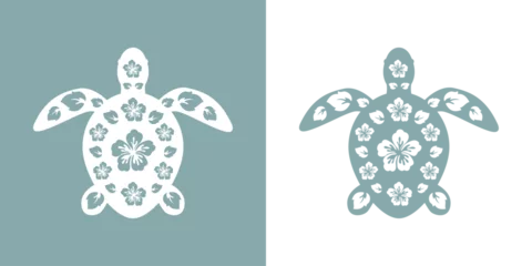 Fototapeten Logo vacaciones en Hawái. Silueta de flores de hibisco con hojas en tortuga marina © teracreonte