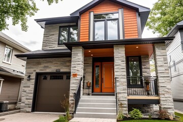 Innovative Layout meets Regal Charm: Two-Car Garage, Coral Siding and Natural Stone Details in a Freshly Developed Home, generative AI