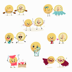 Illustration vector set, collection with funny  fresh
berry, fruit, cheerful, melon
characters doing sports, playing musical instruments. Vector cartoon, agriculture, raw.