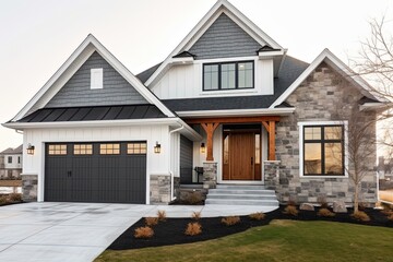 Newly Built Home with Innovative Layout, Two-Car Garage, White Siding & Natural Stone Details: A Regal Abode, generative AI