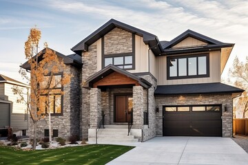 Fototapeta na wymiar Beige-Sided Home with Innovative Layout and Natural Stone Details, Including Two-Car Garage, generative AI