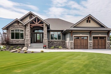 Newly Built Regal Home with Innovative Layout Boasts Natural Stone Details, a Two-Car Garage and Mint Green Siding, generative AI
