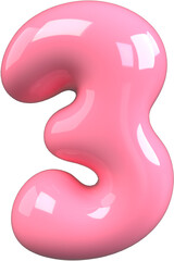 Pink 3D Bubble Gum Inflated Numbers Symbol Letter 3