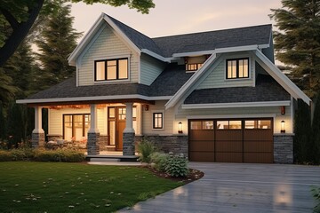 Innovative Layout and Natural Stone Details Define Regal Home with Two-Car Garage and Mint Green Siding, generative AI