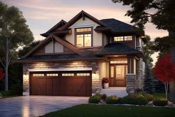 Innovative Layout and Natural Stone Details Enhance Regal Freshly Developed Home with Two-Car Garage and Brown Siding, generative AI