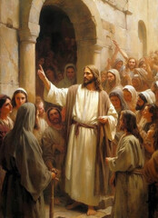 Jesus teaches multitudes and associates with people. Ai generated.