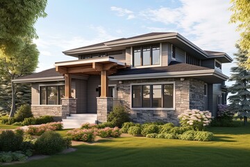 Fototapeta na wymiar Innovative Layout and Natural Stone Details: Welcome to Your Regal Freshly Developed Home with Two-Car Garage and Coral Siding, generative AI