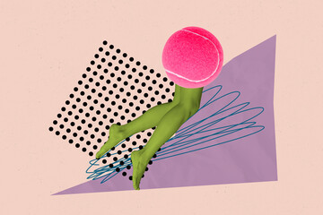 Composite creative illustration collage headless tennis badminton ball with green sweaty feet legs...