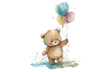 Cute cartoon teddy bear with balloons in watercolor style. Isolated Generative AI