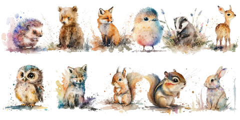 Safari Animal set hedgehog, owl, rabbit, bear, deer, fox, chipmunk, wolf, bird, squirrel, badger in watercolor style. Isolated Generative AI