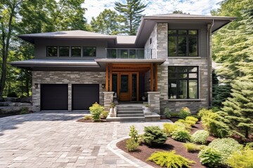 Fototapeta premium Contemporary Serenity: New Property with Natural Stone Facade and Coral Siding, Including Single Car Garage, generative AI