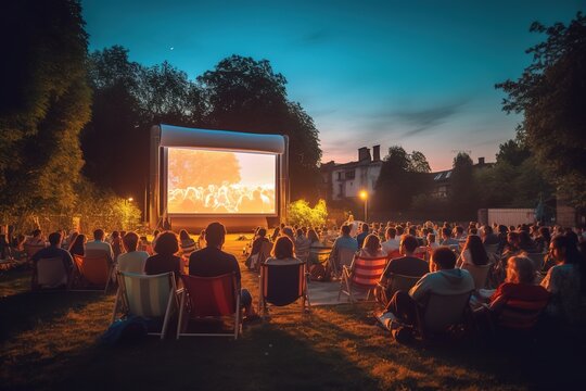 An open - air summer cinema in a park with people sitting and watching a movie