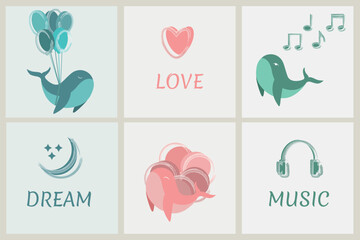 A set of vector cards with a cartoon whale and the inscription dream, music, love. Watercolor heart, balloons, notes drawn with a brush.