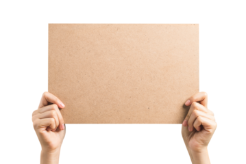 Hand holding brown paper speech bubble on png background, empty space for text on ads.