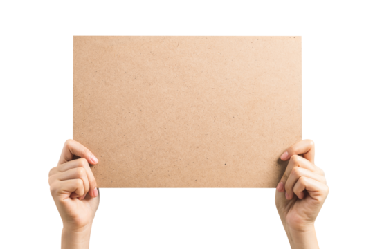 Hand holding brown paper speech bubble on png background, empty space for text on ads.