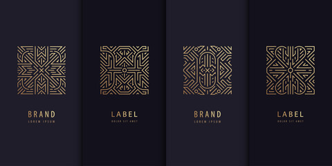 Vector set of golden label design patterns. Square art deco logos, cosmetic, chocolate, tea, wine package. Luxury royal style, vintage fancy signs.