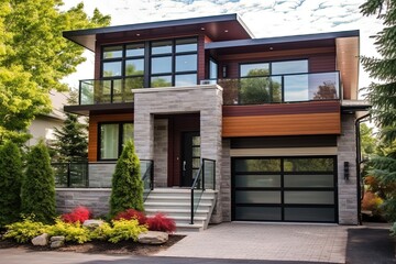 Contemporary Property with Natural Stone Facade and Burgundy Siding Featuring a Single Car Garage, generative AI