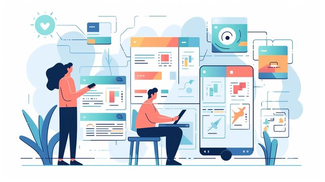 Flat illustration of a user testing session, with a UX researcher observing.