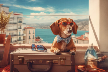 happy dog with sunglasses sits on a travel suitcase on a hotel balcony, travel and holiday concept. Generative AI
