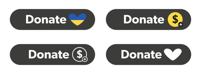 Donate button set. Vector web buttons for donation with icons.
