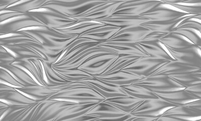 Curly waves tracery, chrome leaf curved, stylized abstract petals pattern. Abstract silver metallic background. Design wall panel with wavy surface. 3d rendering illustration