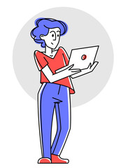 Young person using tablet for work or education vector outline illustration, online business or shopping.