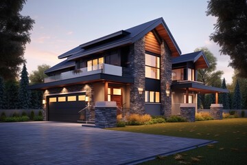 Fototapeta na wymiar Innovative Design: Splendid Fresh Construction House with Natural Stone Elements, Double Garage, and Dark Blue Siding, generative AI