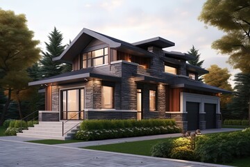 Double Garage Splendor: Innovative Design & Natural Stone Elements in a Fresh, Dark Green Siding House, generative AI